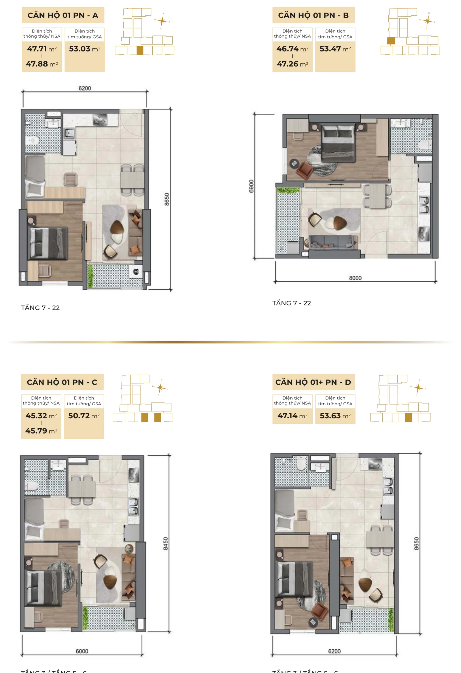 Mặt bằng căn hộ 1 phòng ngủ Legacy 66 53m2