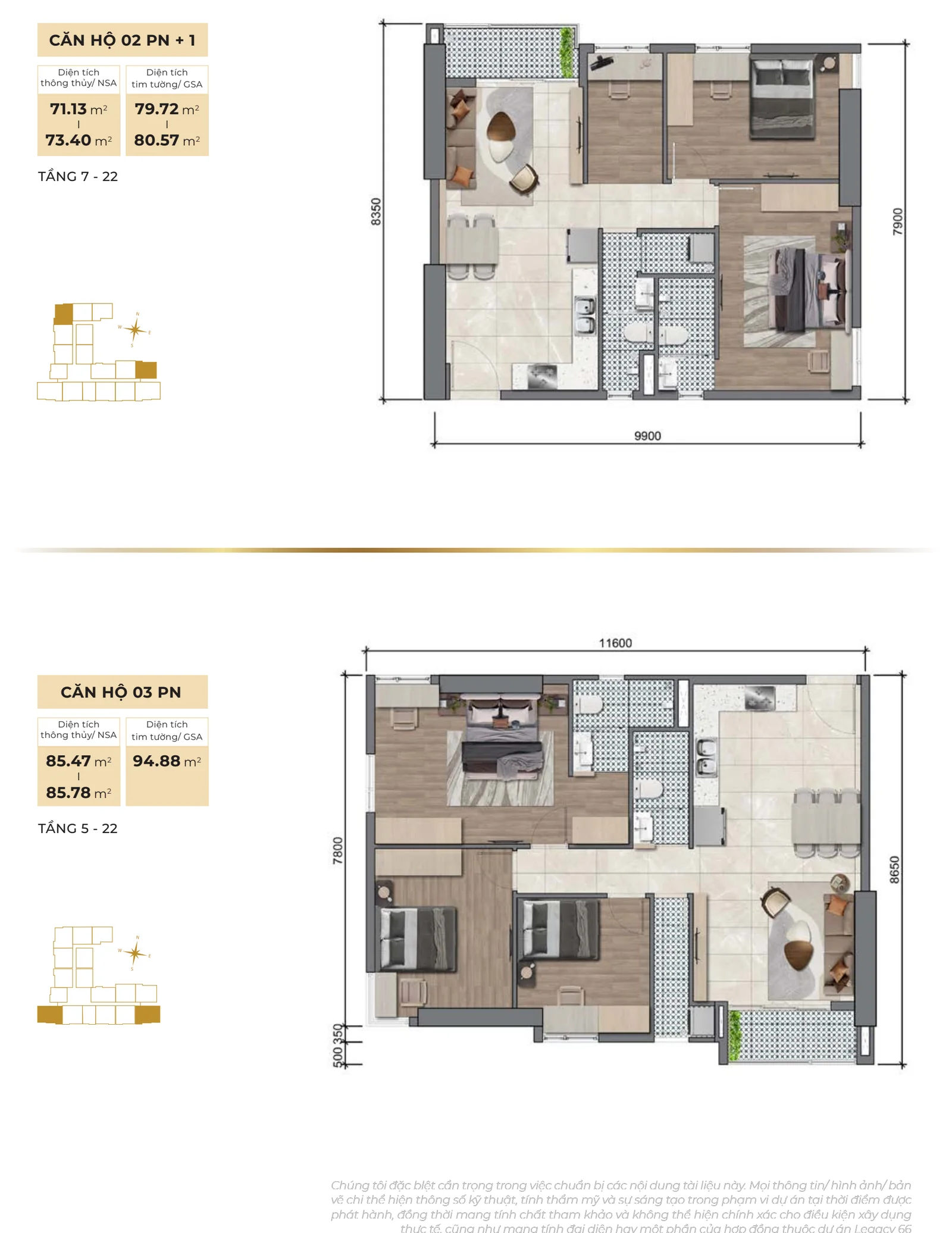 Mặt bằng căn hộ 3 phòng ngủ Legacy 66 94,88m2