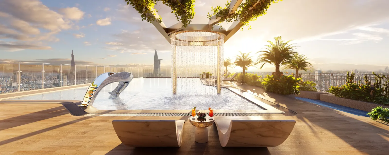 Phối cảnh hồ bơi trên tầng thượng Legacy 66 lúc hoàng hôn