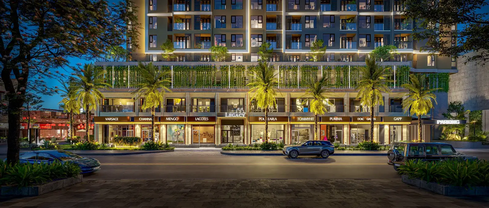 Phối cảnh dãy shophouse khối đế Legacy 66 sáng đèn buổi tối