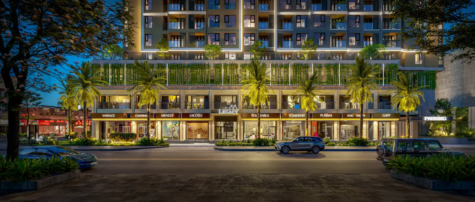 Phối cảnh khối đế thương mại Legacy 66 buổi tối với dãy shophouse tầng trệt và tầng 2