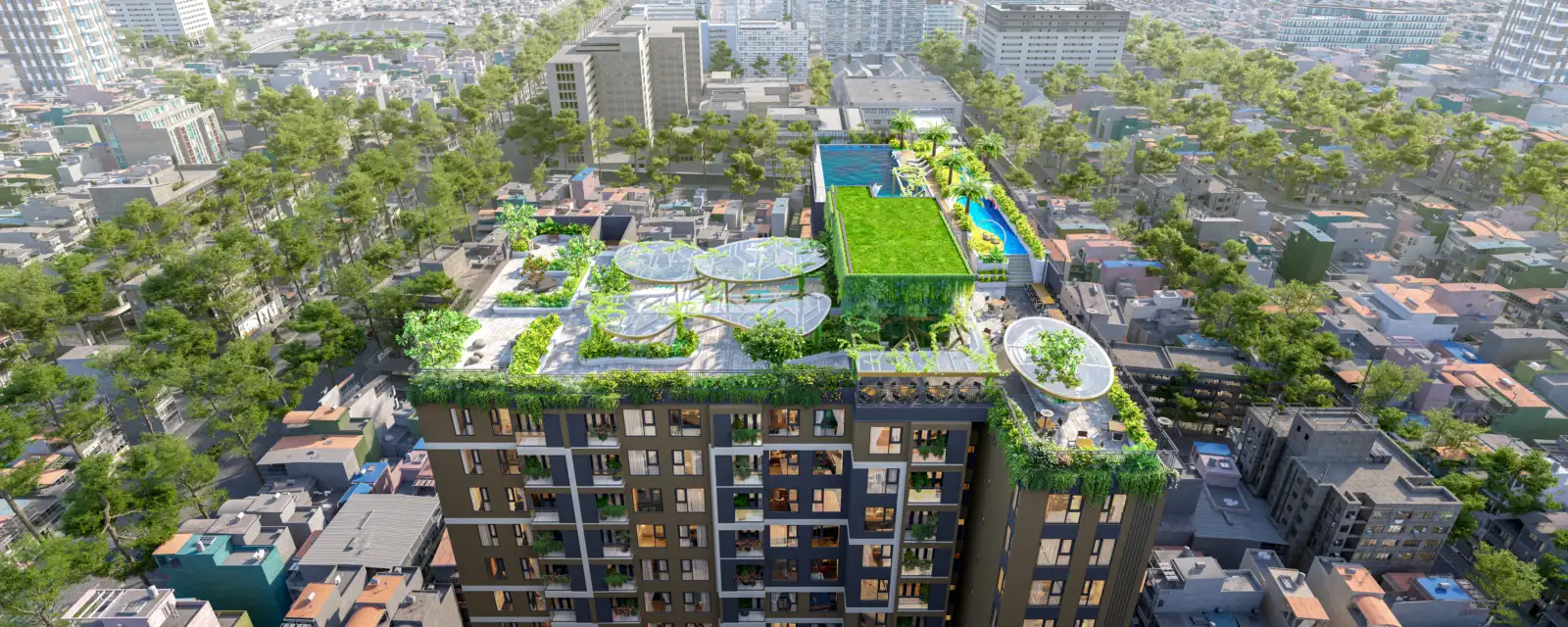 Phối cảnh khu tiện ích trên mái Legacy 66 với hồ bơi và thảm cỏ