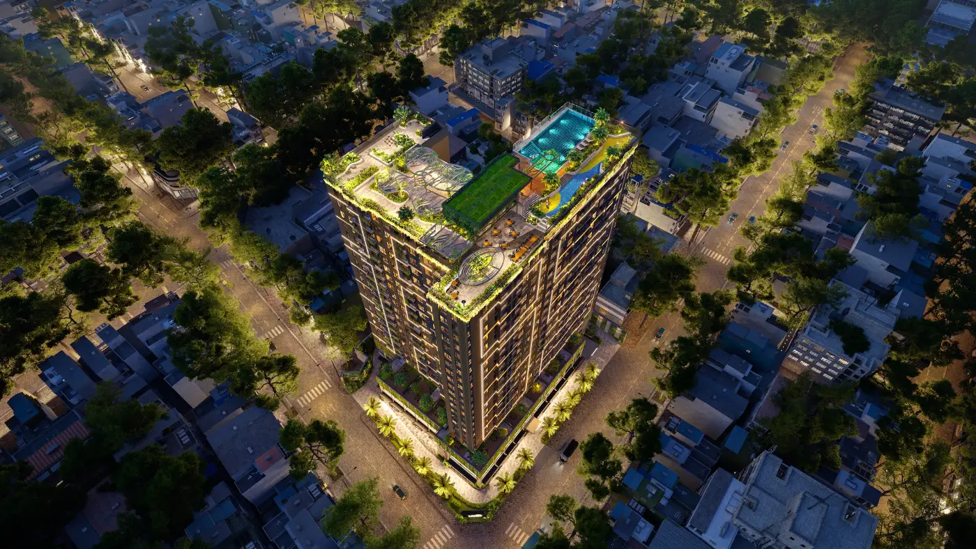 Phối cảnh tháp căn hộ Legacy 66 nhìn từ trên cao giữa khu Chợ Lớn, Quận 5