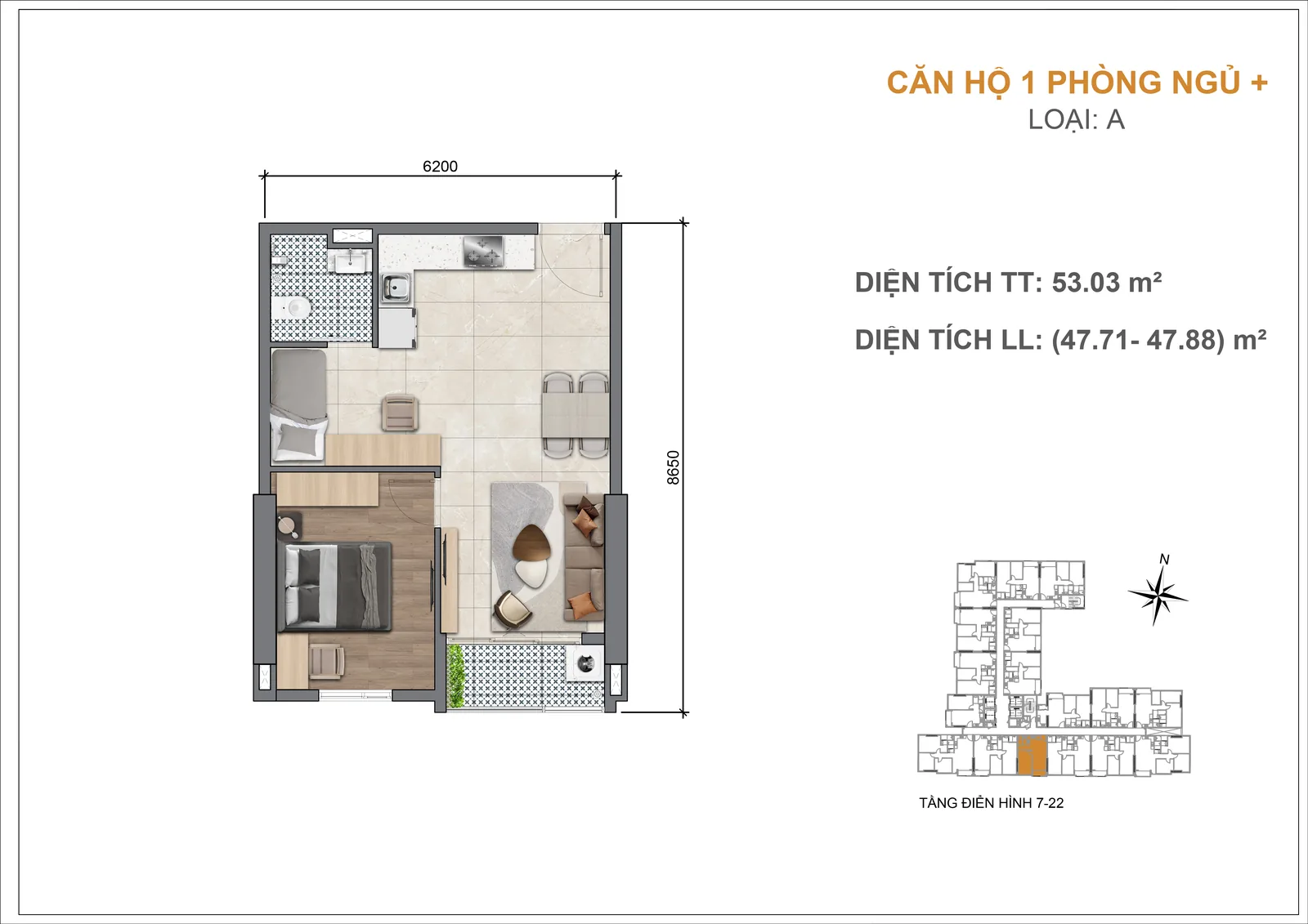 Mặt bằng căn hộ Legacy 66 1 phòng ngủ+ loại A 53,03 m2 tầng 7-22