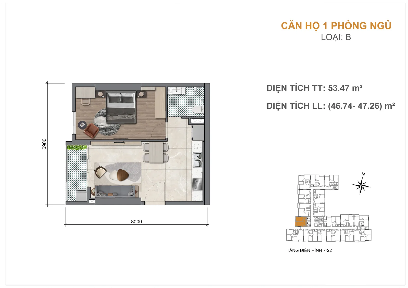 Mặt bằng căn hộ Legacy 66 1 phòng ngủ loại B 53,47 m2 tầng 7-22