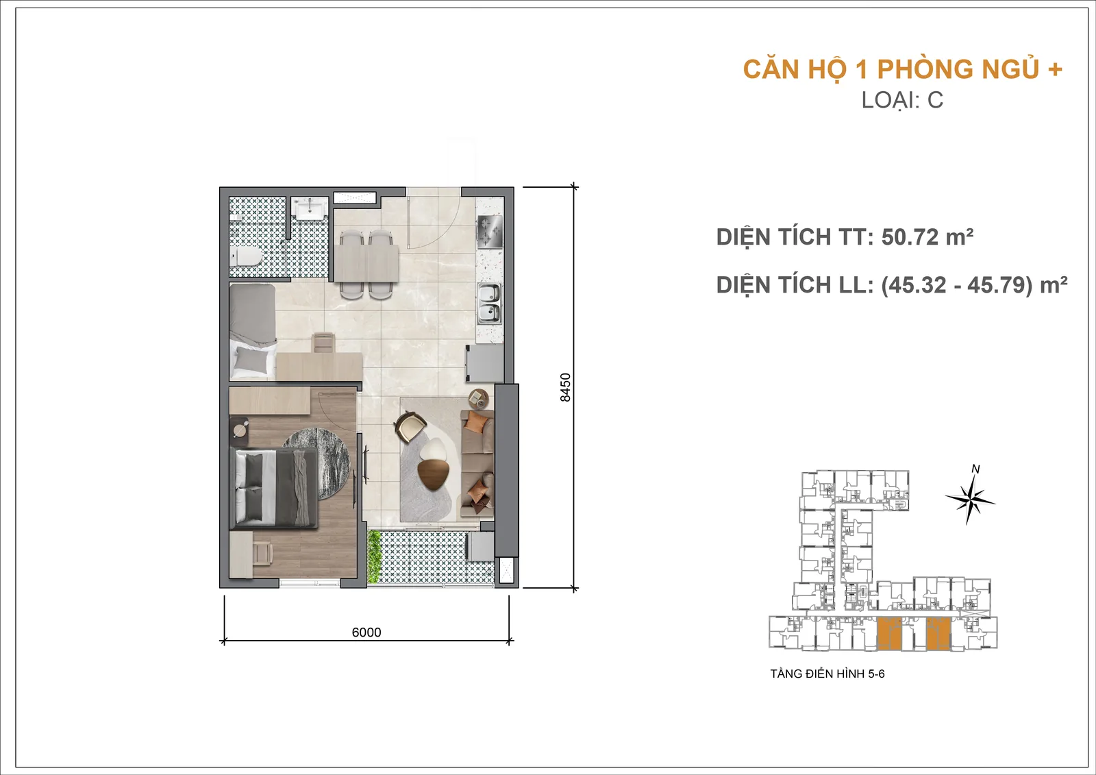 Mặt bằng căn hộ Legacy 66 1 phòng ngủ+ loại C 50,72 m2 tầng 5-6