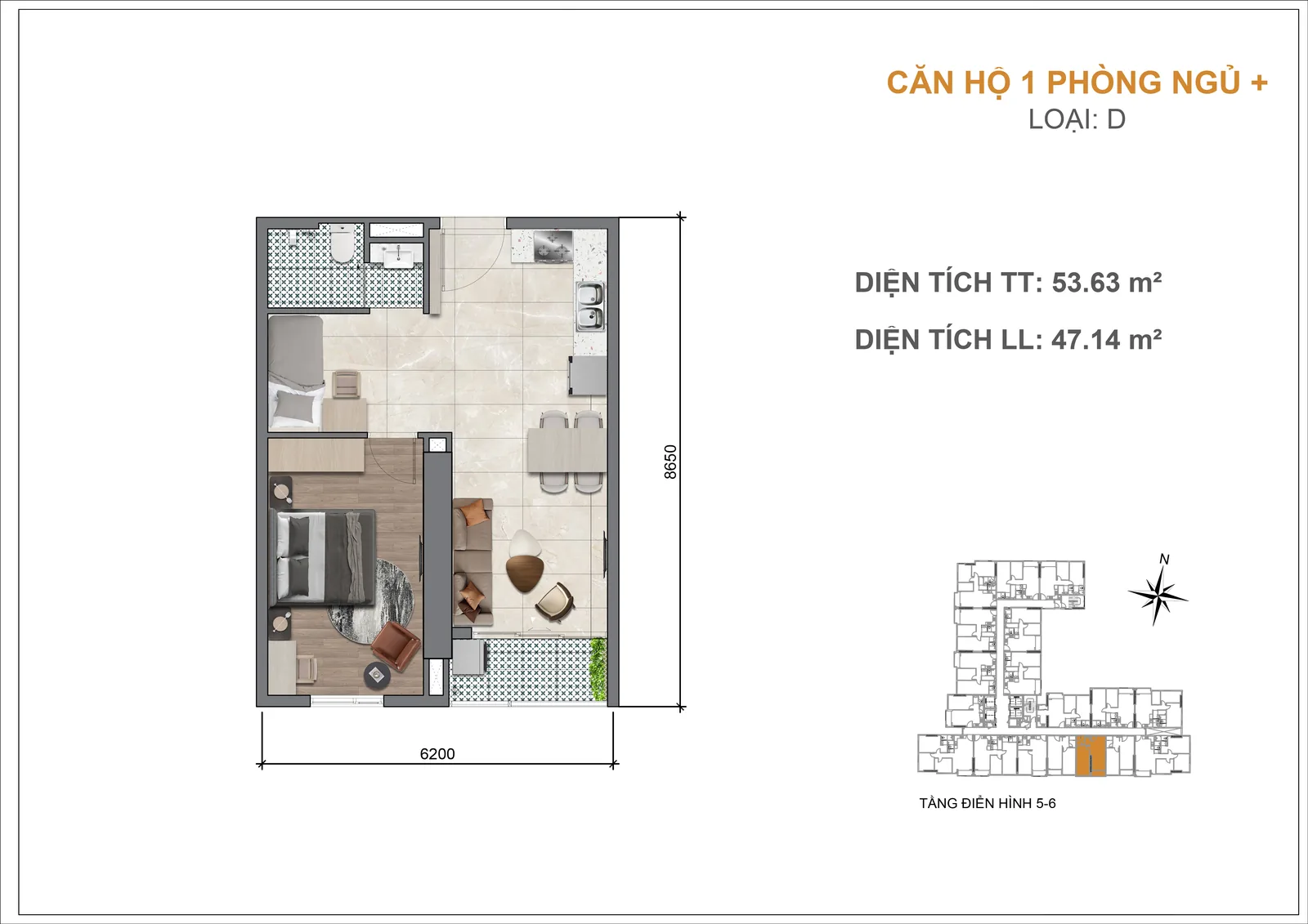 Mặt bằng căn hộ Legacy 66 1 phòng ngủ+ loại D 53,63 m2 tầng 5-6