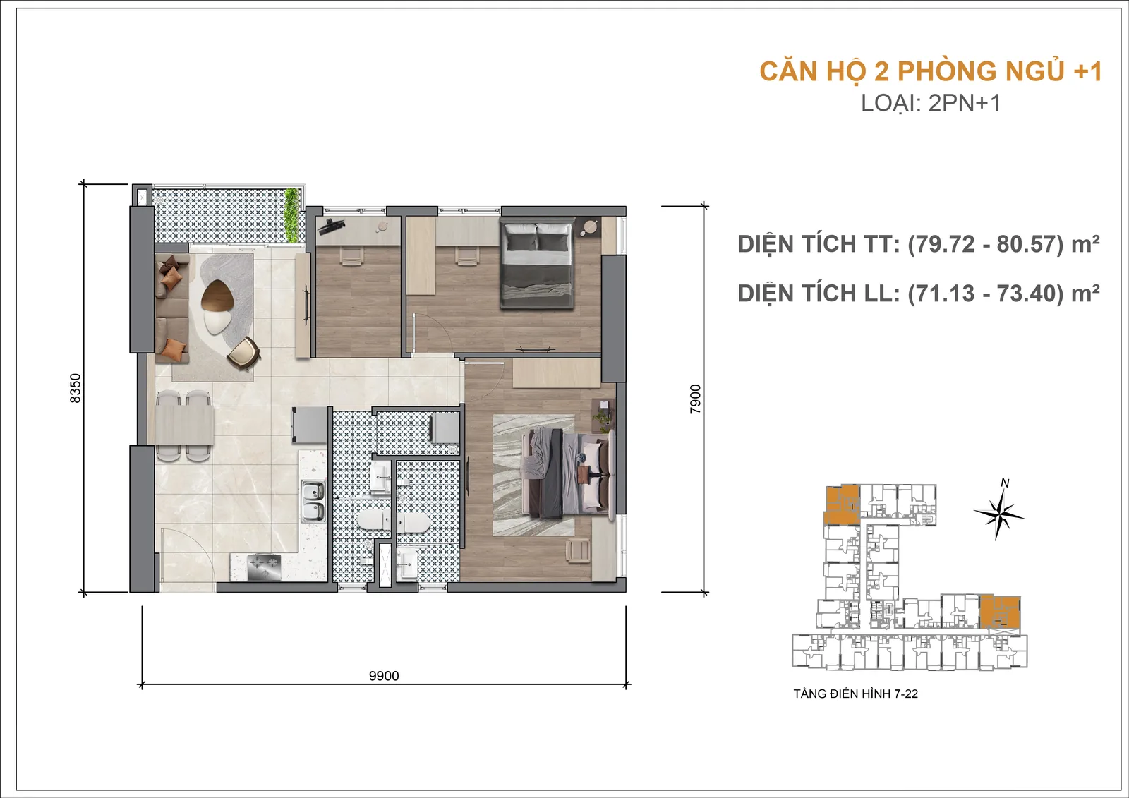 Mặt bằng căn hộ Legacy 66 2 phòng ngủ+1 79,72-80,57 m2