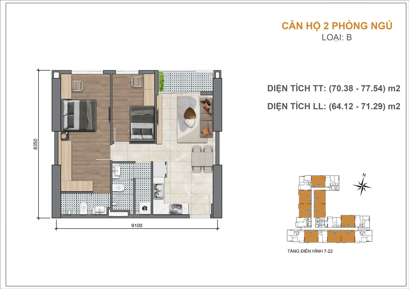 Mặt bằng căn hộ Legacy 66 2 phòng ngủ loại B 70,38-77,54 m2