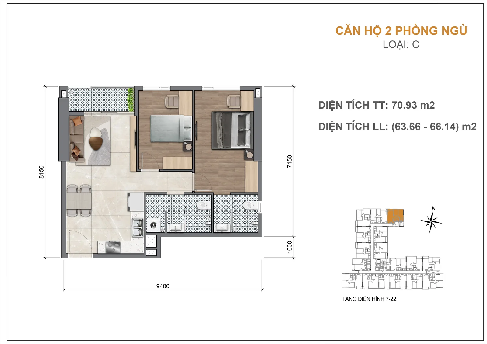Mặt bằng căn hộ Legacy 66 2 phòng ngủ loại C 70,93 m2
