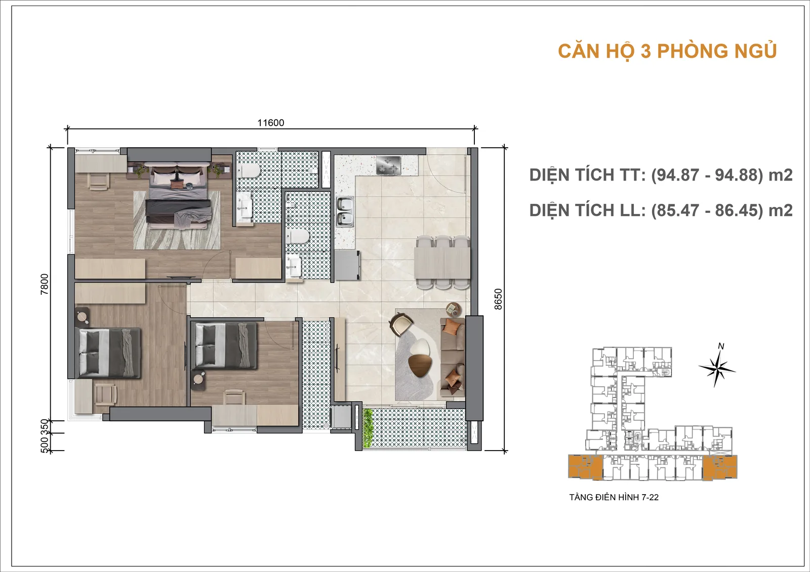 Mặt bằng căn hộ Legacy 66 3 phòng ngủ 94,88 m2